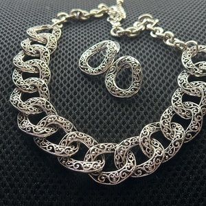 New Antique Silver Chunky Chain Fashion Necklace Earrings Gift Box Set